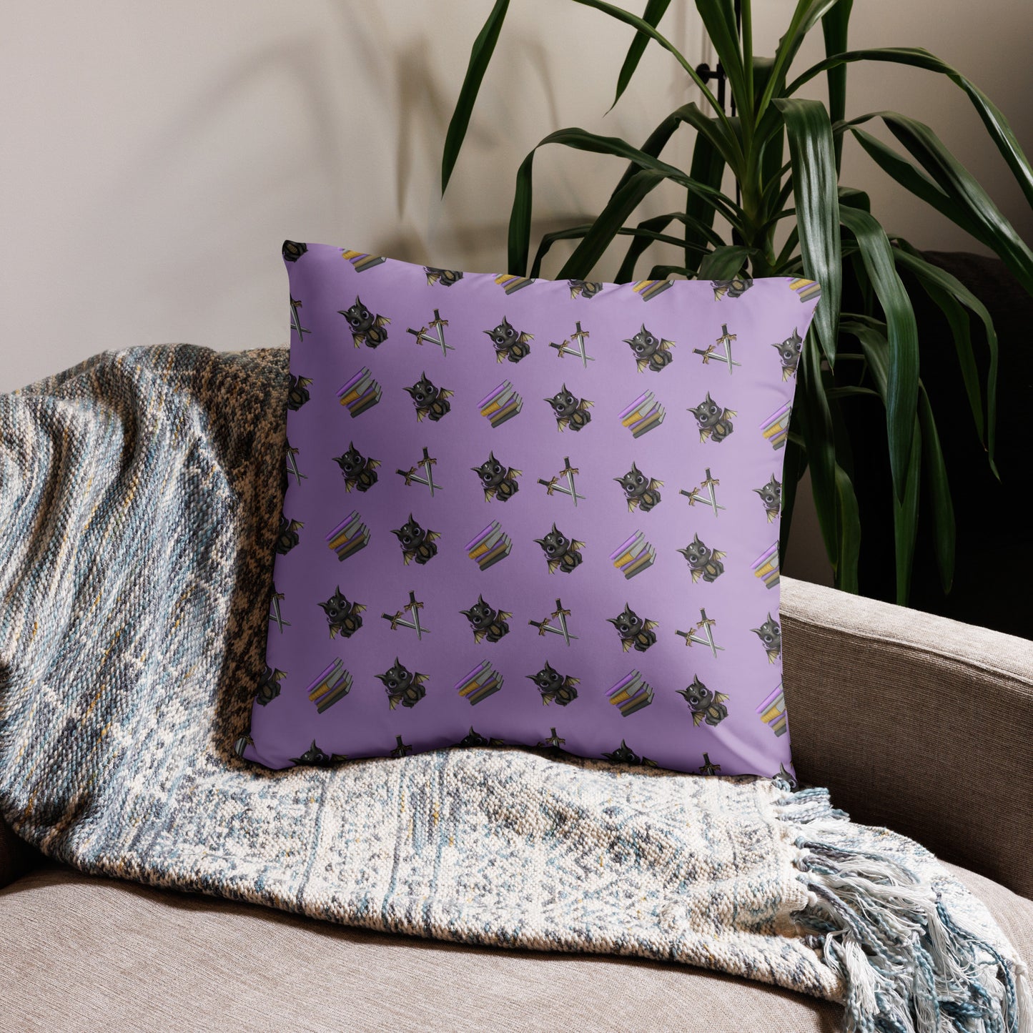Book Dragon Patterned Pillow
