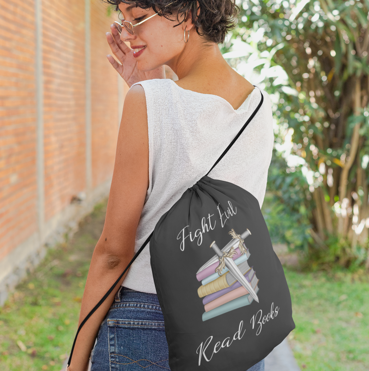 Fight Evil Read Books Drawstring Bag