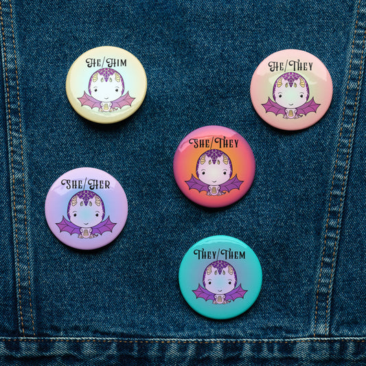 Pronoun Dragons Set of Pin Buttons